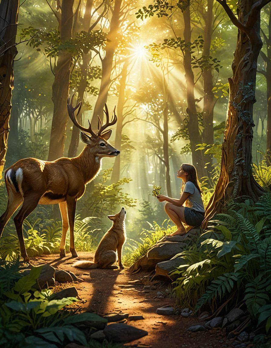 A heartwarming scene of a human gently interacting with a wild animal, showcasing an emotional bond; the background features a lush, vibrant forest filled with diverse wildlife peeking out; rays of sunlight filter through the leaves, creating a magical atmosphere. super-realistic. vibrant colors. soft focus.