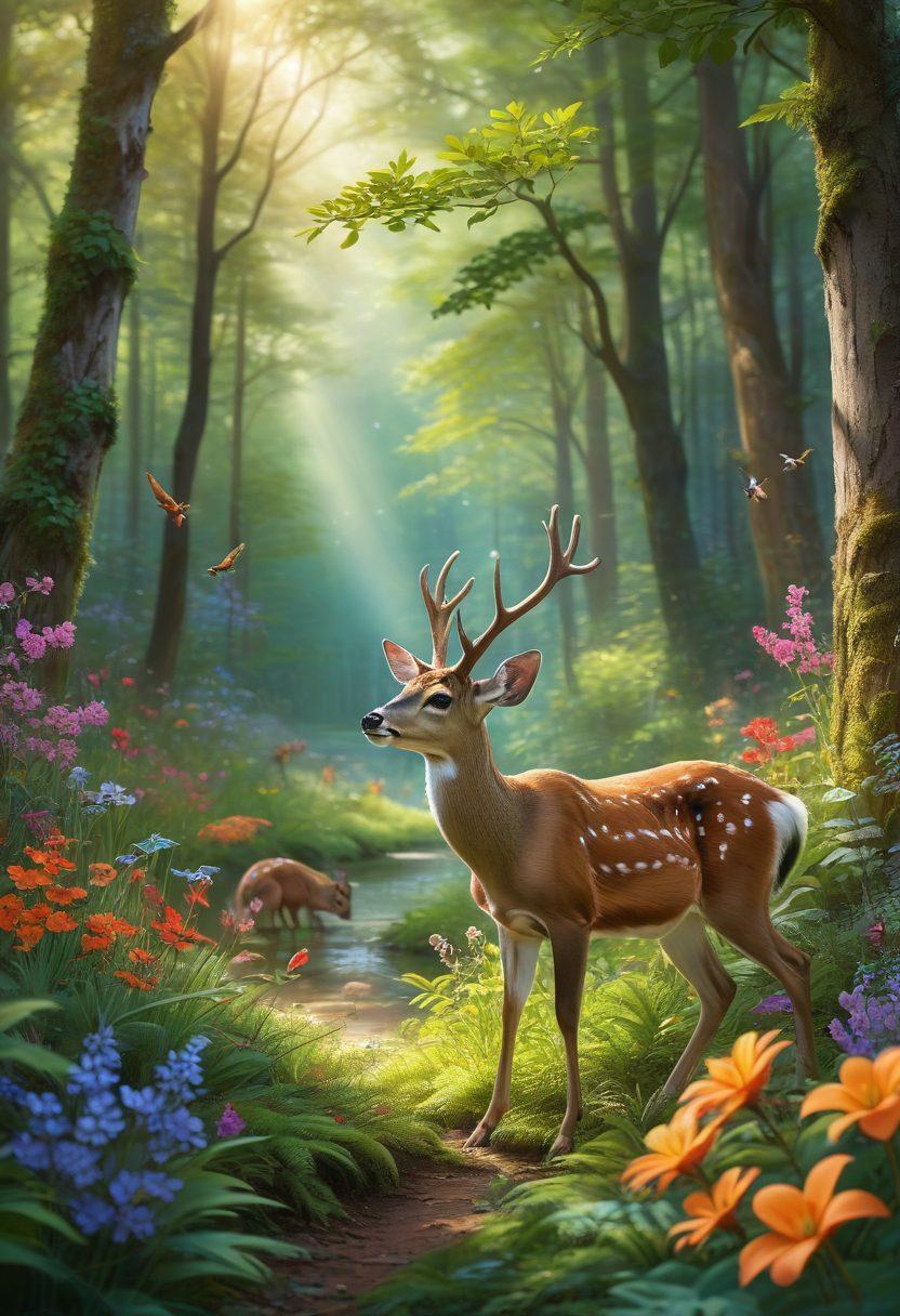 A serene forest scene illustrating a diverse range of wildlife, including deer, birds, and squirrels, coexisting harmoniously. Soft sunlight filters through the leaves, casting gentle shadows, while vibrant flowers bloom at the foreground, symbolizing care and companionship. A subtle representation of a nurturing hand can be seen in the background, reinforcing the theme of affection in ecology. The atmosphere should evoke warmth and tranquility, inviting empathy towards wildlife. super-realistic. vibrant colors. natural setting.
