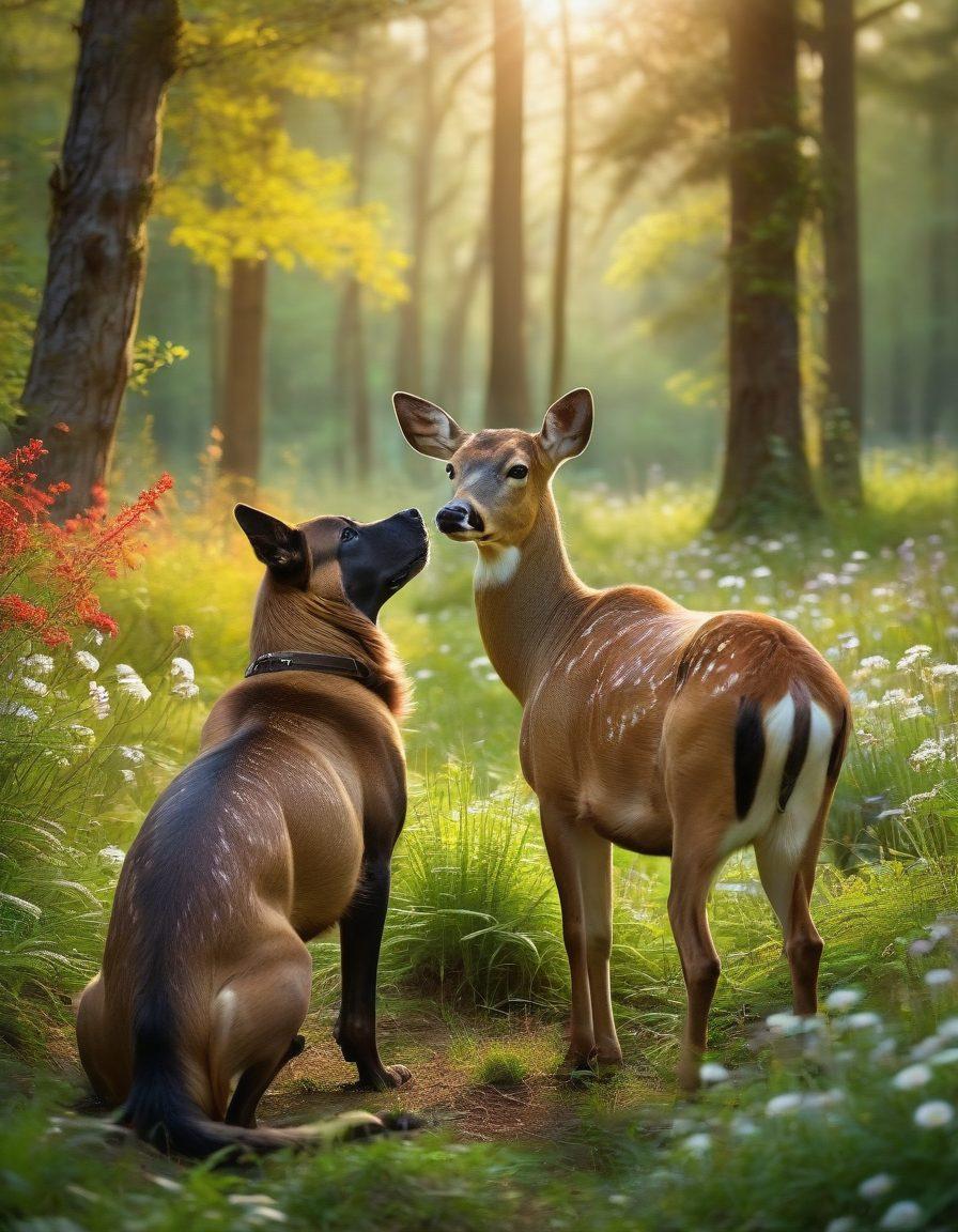 A heartwarming scene depicting a serene forest setting where a rescued dog and a wild deer gaze at each other in mutual understanding, surrounded by vibrant greenery and blooming flowers. The sunlight filters through the trees, casting a warm glow on their connection, symbolizing the bond between humans and animals. Enhance the atmosphere with soft, ethereal lighting to evoke feelings of compassion and harmony. super-realistic. vibrant colors. nature-inspired.